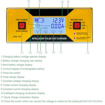 6/8/12/14/16/24V Battery Charger Automotive 0-10A, Smart Car Golf Cart Battery Charger, Maintainer and Automatic Charger with Cable Clamps, Suitable for Lead-Acid Batteries (Yellow with Handle)