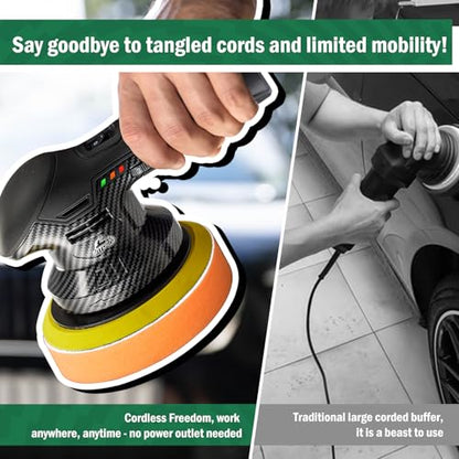 BATOCA 2026S3 Cordless Car Buffer Polisher, 2x2.0Ah 11.1V Lithium-ion Rechargeable Battery Powered Polisher with 6 Variable Speed, DA Orbital Buffer for Car Detailing, Polishing, Waxing, Carbon Style | Long motor life, Battery Powered Polisher, Lightweigh