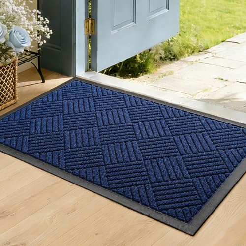 Front Door Mat, Heavy Duty Waterproof Rubber Doormat for Indoor Outdoor, Non-Slip Low Profile Dirt Trapper Absorbent Mat for Entryway, Stain Fade Resistant Easy Clean 29.5"x17", Navy - color: Navy, size: 1'5" x 2'6" (Rectangular)
