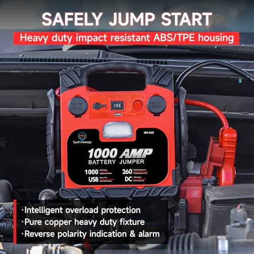 Car Battery Jump Starter with Air Compressor Portable Tire Inflator,260PSI 1000Amp Battery Booster Jumper Box(Up to 5L Gas or 5L Diesel) Power Station 12V DC Outlet USB Port,LED Light - style: HH635