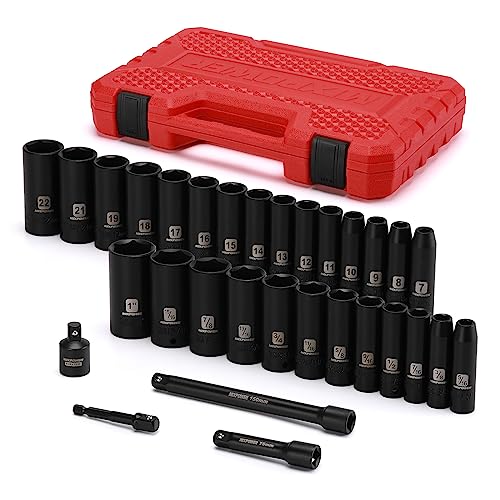 MIXPOWER 3/8" Drive Deep Impact Socket Set, 6 Point, 31 Piece SAE and Metric Socket Set, 7-22mm, 5/16"-1", Cr-V Steel Mechanic Socket Set - size: 9/32" - 1" (Deep)