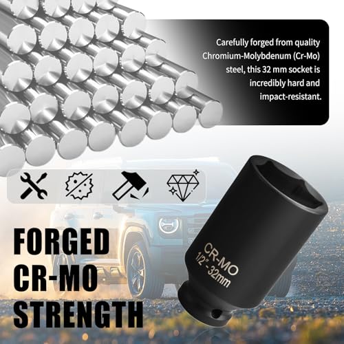 32 mm Socket 1/2 Drive with 6 Point Design,1/2 Drive Anti-Rust 32mm Axle Nut Socket for Shaft Nut Quick Dismantle,Professional Deep Impact Sockets Set Automotive Tools