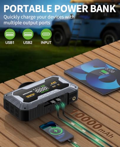 8000A 160PSI Jump Starter with Air Compressor, 12V Car Battery Jump Starter Power Bank(All Gas/12L Diesel), Car Starter with LED Flashlight, Force Start, Jump Pack with Jump Leads - size: A40