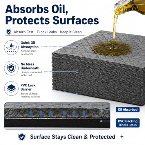 Adhesive-Backed Oil Absorbent Pads, 100 Pack 10 x 13 Inch Leak-Proof Oil Spill Mats with PVC Backing, Non-Slip Disposable Garage Drip Pads for Change, Workbench, Floor & Kitchen Grease Cleanup