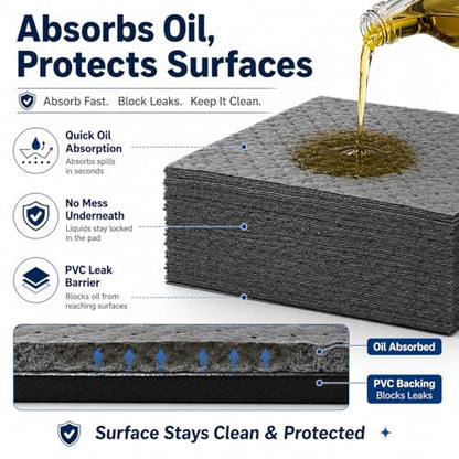 Adhesive-Backed Oil Absorbent Pads, 100 Pack 10 x 13 Inch Leak-Proof Oil Spill Mats with PVC Backing, Non-Slip Disposable Garage Drip Pads for Change, Workbench, Floor & Kitchen Grease Cleanup