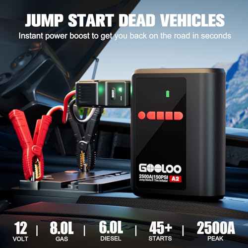 GOOLOO A2 Jump Starter with Air Compressor (2000A & 150 PSI) - 12V Vehicle | Supersafe Battery Jumper Starter Portable - Jump Box- Auto-Shutoff Tire Inflator - LED Light - For Up to 8L Gas/6L Diesel