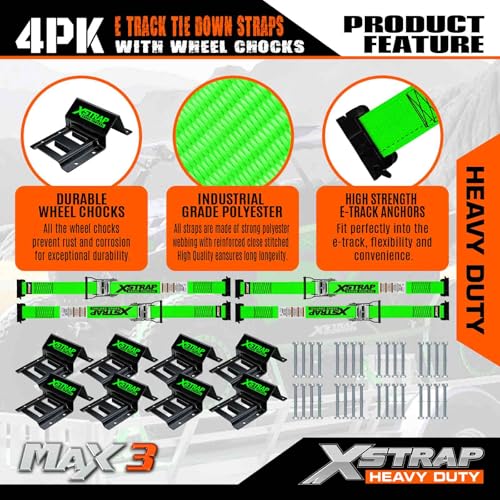 XSTRAP STANDARD 4-PK Wheel Chock E-Track Tie Down Straps Kit, 2"x9FT, Green | 4,400lb Break Strength Over-The-Tire Ratchet Straps with Steel Wheel Chocks for ATV, UTV, Lawn Mower, Trailer Hauling - size: Green-4PK-9FT