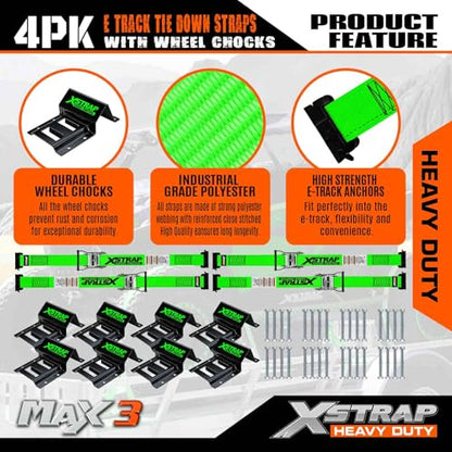 XSTRAP STANDARD 4-PK Wheel Chock E-Track Tie Down Straps Kit, 2"x9FT, Green | 4,400lb Break Strength Over-The-Tire Ratchet Straps with Steel Wheel Chocks for ATV, UTV, Lawn Mower, Trailer Hauling - size: Green-4PK-9FT