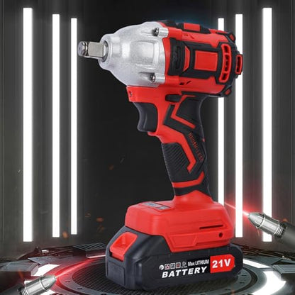 21V Cordless Impact Wrench, Battery-Powered Impact Driver with 520N.m Torque, Brushless Motor, 2 Batteries, 5 Sockets, Accessories, Power Tool for Lugs Nut Removal, Car Repairs, Home Projects Red