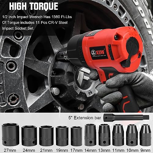 XIIW 1/2 Inch Air Impact Wrench, Max Torque 1560 ft-lbs, Lightweight 4.4 lb | Includes 11 Pcs CR-V Steel Impact Socket Set and Storage Case, 8000RPM 1/2 Air Impact Gun Twin Hammer for Automobile Repair - size: 1/2 inch | 1560 ft-lbs 15 PCS Wrench + Socket