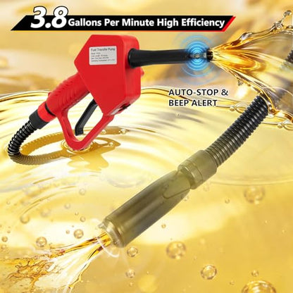 Portable Fuel Transfer Pump with Auto-Stop & Hand Nozzle, 80'' Pumping lift,fit different gas barrel sizes and depths, no adapters needed,3.8GPM, mulitiple power supply,for Gasoline, Diesel, Kerosene - size: 80''-3.8GPM