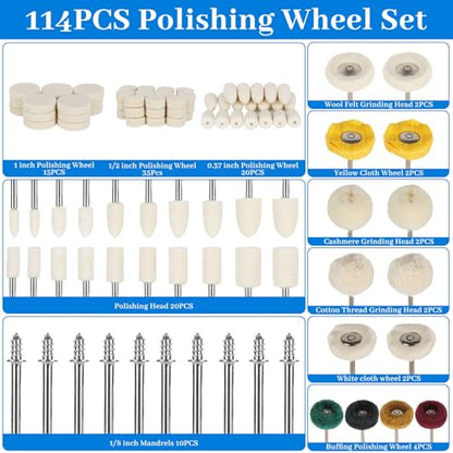 116 PCS Polishing Kit with 2 Polishing Compounds, Buffing Wheel Set for Dremel Rotary Tools, 1/8" Shank Accessories for Metal, Wood, Jewelry, Glass