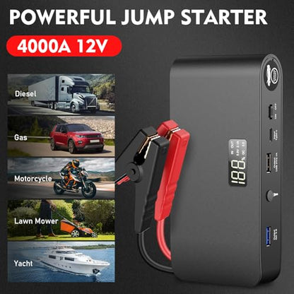 BOOKOO Car Battery Jump Starter 4000A,16000mAh Portable Battery Jumper Cables for Car 8L Gas 7L Diesel Engines,Jump Box with USB QC 3.0 PD 18W Fast Charging,3 LED Modes with SOS for Emergency Use - color: 16000mAh-Black