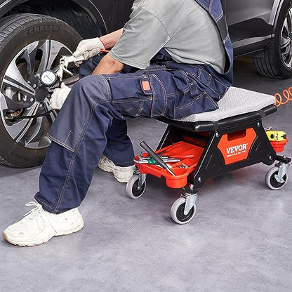 VEVOR Mechanic Stool 300 LBS Capacity Garage Stool Gift for Men, Heavy Duty Rolling Mechanics Seat, with Three Slide Out Tool Trays and Drawer, Tools for Automotive Auto Repair | Auto Repair Heavy Duty Plastic Rolling Mechanics Seat with Cushion, Three Sl