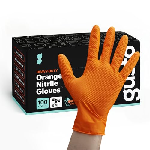 GUSTO 8 Mil Disposable Orange Nitrile Gloves HEAVY DUTY, Industrial, Diamond Texture - Formerly Comfy Package - size: Large, style: 100 Count