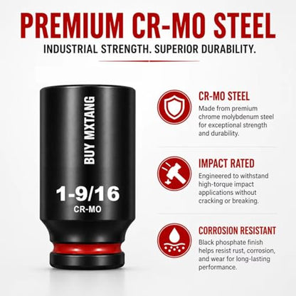1/2"12-Piece Extended Drive Impact Socket Set, Deep SAE Axle Nut Impact Socket Set, Cr-Mo, 1-1/16, 1-1/8, 1-3/16, 1-1/4, 1-5/16, 1-3/8, 1-7/16, 1-1/2, 1-9/16, 1-5/8, 1-11/16, 1-3/4 Socket - size: 1/2 12PCS Socket Set SAE