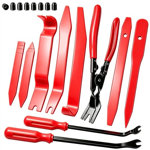 18Pcs Car Trim Removal Tool Kit Pry Tool Set, Panel Clip Pliers Door Panel Removal Tool Automotive Clip Removal Tool, Plastic Pry Tool Kit Auto with Valve Stem Caps for Car Interior Repair, Red - color: red