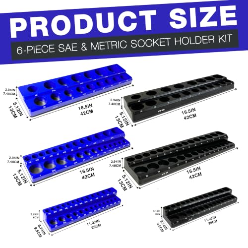 6Pcs Magnetic Socket Organizer, 1/4" 3/8" 1/2" SAE & Metric Socket Holder Tray | Holds 143 Sockets（Sockets Not Included）