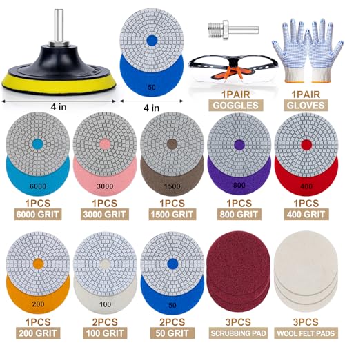 VISCOO 20 Pack 4 Inch Diamond Polishing Pads, Granite Polishing Pads Kit with 5/8''-11 Backer Pad, 50-6000 Grit Wet/Dry Polishing Pads for Marble, Concrete, Quartz, Stone, Tile with Wool Felt Pads