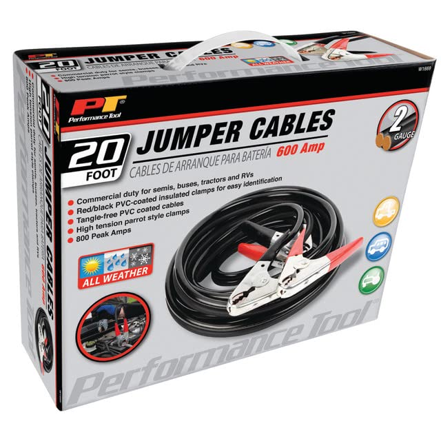 Performance Tool W1669 20' Commercial Duty 2-Gauge 800 PEAK AMP All Weather Jumper Cables for Tractors, Semis, Buses, and RVs - style: 2GA x 20' (800 AMP)