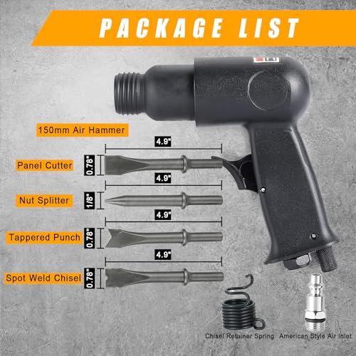 150mm Air Hammer Kit with 4 Chisels & Quick Change Retainer, 4500 BPM Pneumatic Hammer Shovel Tool, Air Shovel Tool for Automotive, Metal, and Masonry Work