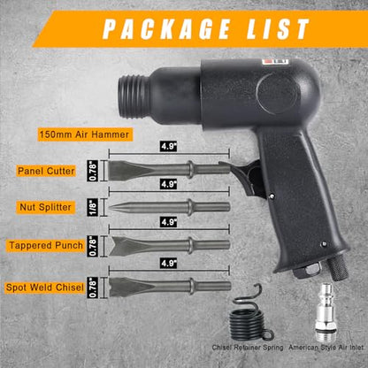 150mm Air Hammer Kit with 4 Chisels & Quick Change Retainer, 4500 BPM Pneumatic Hammer Shovel Tool, Air Shovel Tool for Automotive, Metal, and Masonry Work