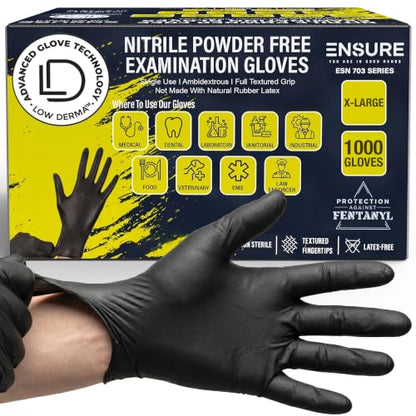 EnSure Black Nitrile Gloves – 7 Mil Heavy-Duty Disposable Gloves, Low Dermatitis, Powder & Latex Free, Puncture & Chemical Resistant for Mechanic, Industrial, Food Service, Medical Use (1000, X-Large) - size: X-Large
