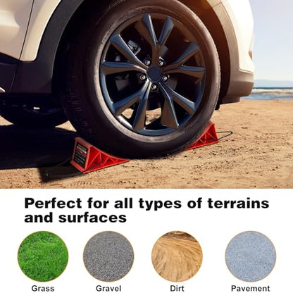 PAHTTO Wheel Chocks, 4Pack Heavy Duty Wheel Chocks with Rope for Easy Removal, Durable, Non-Slip, Hard Plastic Wheel Chocks for, RV, Camper, Effective in Keeping Your Vehicle in Place, Red - color: Red