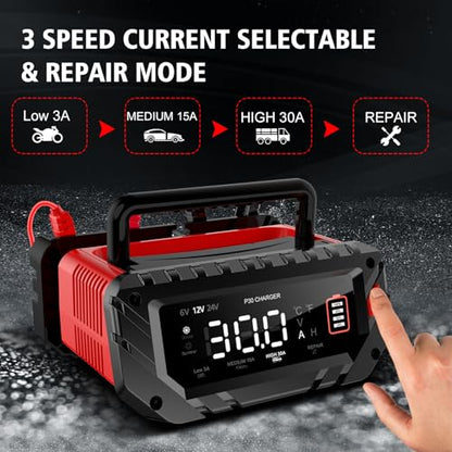 30 Amp 6V/12V/24V Smart Trickle Charger, Car Battery Charger, Lithium, Lifepo4, Lead Acid (AGM/Gel/SLA) Battery Maintainer, Desulfurizer, For: Car, Boat, Motorcycle, Lawn Mowers