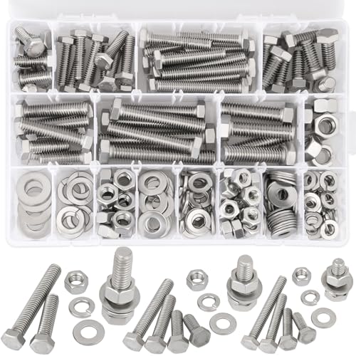 Hakkin Hex Bolts and Nuts Kit 1/4-20, 5/16-18, 3/8-16, 10 SAE Sizes 304 Stainless Steel Nuts and Bolts Assortment with Flat & Lock Washers, 240PCS Full Thread with Case, for Home, Automotive, Marine - size: 240PCS 1/4-20 5/16-18 3/8-16 Hex Bolts Silver