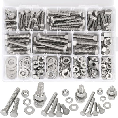Hakkin Hex Bolts and Nuts Kit 1/4-20, 5/16-18, 3/8-16, 10 SAE Sizes 304 Stainless Steel Nuts and Bolts Assortment with Flat & Lock Washers, 240PCS Full Thread with Case, for Home, Automotive, Marine - size: 240PCS 1/4-20 5/16-18 3/8-16 Hex Bolts Silver