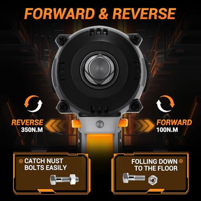DEKOPRO Cordless Impact Wrench 258ft-lbs/350N.m Brushless Impact Wrench, 1/2" Impact Gun with 2x2.0Ah Battery, 4 Sockets, LED Light for Car Home