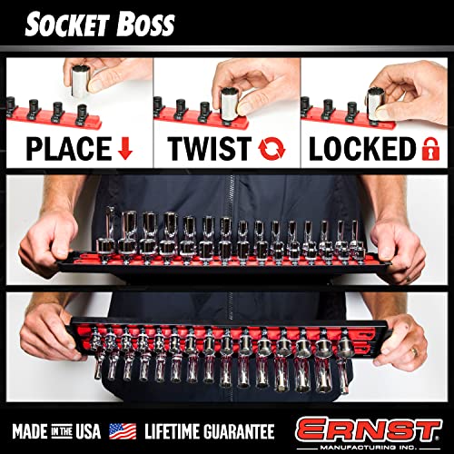 Ernst Mfg. 8493 RD Socket BOSS Tray High-Density System with (2) Red 13" Socket Rail + (28) Twist Lock Clips, 3/8" Drive - Made in USA - color: Red, size: 3/8", style: 13-INCH