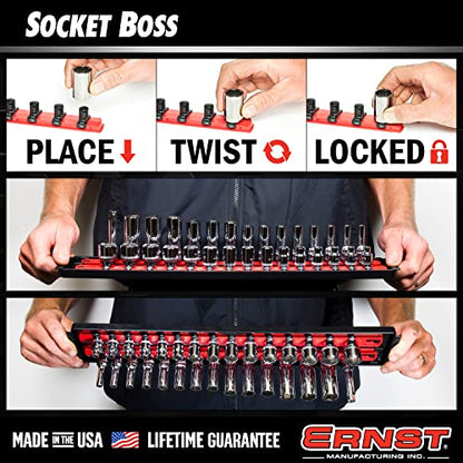Ernst Manufacturing 8481 Socket Boss 3-Rail Multi-Drive Socket Holder Tray for Toolbox, Twist-Lock Secures Sockets, Green, Clips for SAE, Metric Socket Sets - Made in USA - color: Green, style: 18-Inch