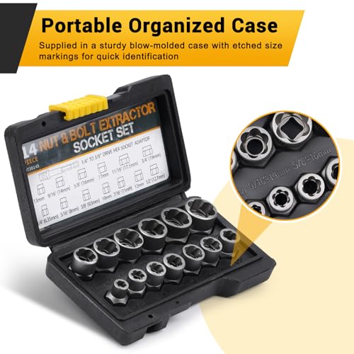 14 Pcs Bolt Extractor Kit-3/8" Drive for IMPACT Stripped Bolt Extractor Set Made Of Cr-Mo Steel, Extractor Socket Set For Damaged, Studs, Rusted, Rounded-Off Bolts, Nuts & Screws
