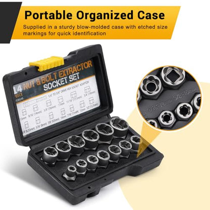 14 Pcs Bolt Extractor Kit-3/8" Drive for IMPACT Stripped Bolt Extractor Set Made Of Cr-Mo Steel, Extractor Socket Set For Damaged, Studs, Rusted, Rounded-Off Bolts, Nuts & Screws