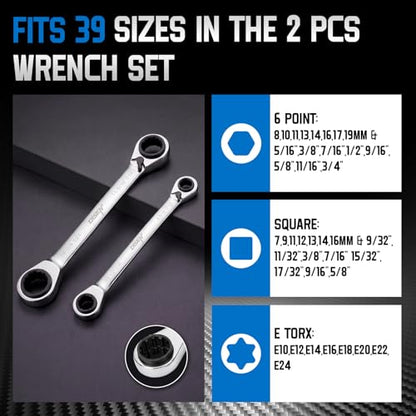 DISEN 39-in-1 Reversible Ratcheting Box Wrench Set Double Box End | E Torx E10-E24 & SAE 5/16"-3/4" & Metric 8-19mm With 4-in-1 Wrench CR-V Multifunctional Wrench Repair Tool Father's Gift