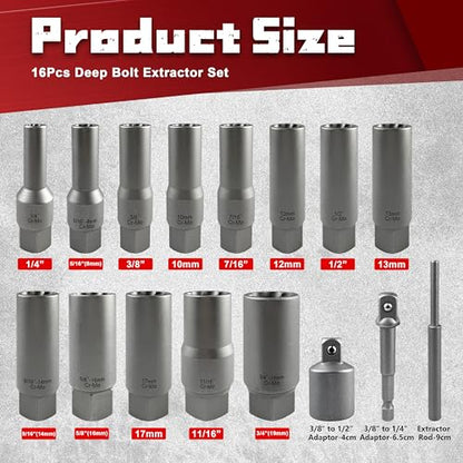 STXDY 16Pcs Deep Bolt Extractor Set, Stripped Bolt Extractor Kit, Impact Bolt and Nut Extractor Kit for removing damaged, deformed, broken bolts, nuts, screws, studs - style: 16Pcs