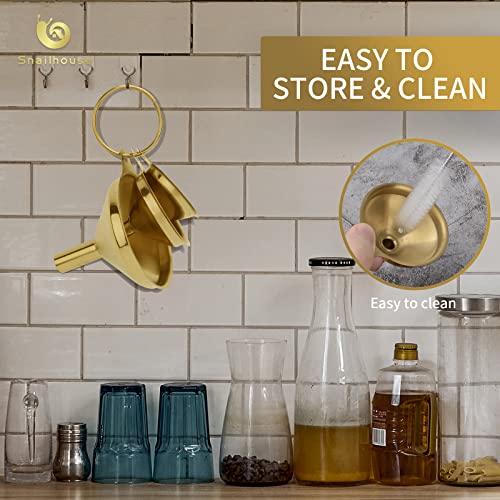 Snailhouse Small Funnels, 3 Pack Stainless Steel Mini Metal Food Funnel with Cleaning Brush Set for Filling Bottles Kitchen Use, Gold (1.78/2.16/2.95 in)