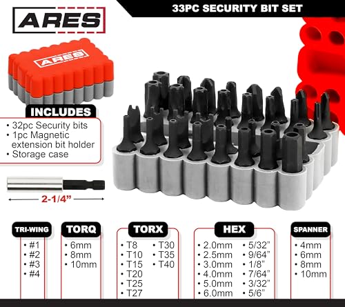 ARES 31009-33-Piece S2 Steel Security Bit Set with Magnetic Extension Bit Holder - Tamper Resistant SAE Hex, Metric Hex, Torq, Spanner, Triwing, and Torx Bits – S2 Steel Offers Maximum Durability - size: 33 Piece Security Bits Set with Holder