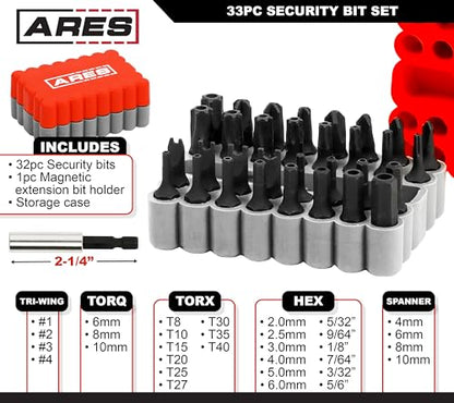 ARES 31009-33-Piece S2 Steel Security Bit Set with Magnetic Extension Bit Holder - Tamper Resistant SAE Hex, Metric Hex, Torq, Spanner, Triwing, and Torx Bits – S2 Steel Offers Maximum Durability - size: 33 Piece Security Bits Set with Holder