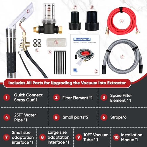 Shop Vac Extractor Kit, Universal Extractor Hose Kit for Shop Vac, Extractor Vacuum Attachment With 25FT Water Line and 10 FT Vacuum Hose & Adapter for Carpet Cleaning
