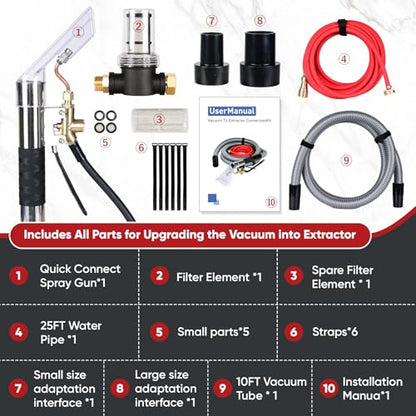 Shop Vac Extractor Kit, Universal Extractor Hose Kit for Shop Vac, Extractor Vacuum Attachment With 25FT Water Line and 10 FT Vacuum Hose & Adapter for Carpet Cleaning