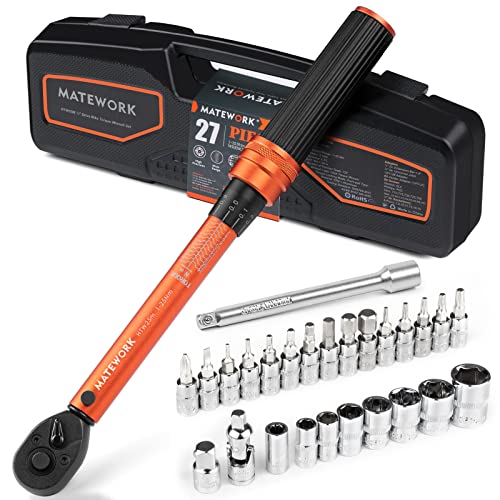 1/4 Inch Drive Click Torque Wrench, 27 PCS Bike Torque Wrench Set Double Scale (1-25Nm/8.9-221.3lb.in), 0.1Nm High Precision with Bit Sockets, 3/8 Adapter, Extension Bar, for Bicycle Maintenance - size: 1/4-inch (27pcs, 1-25 nm/8.9-221.3 lb.in)