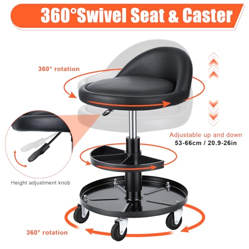 Rolling Shop Stool with Wheels and Backrest, 16–21.6 Inch Height Adjustable Garage Mechanic Stool, Low Rolling Work Seat with 2-Tier Tool Trays for Auto Repair Workshop Salon 300 lb Capacity (Black)