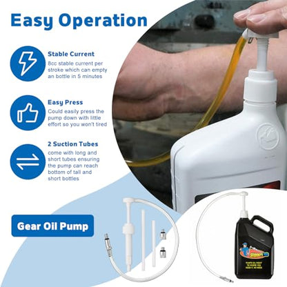 Fluid Extractor Pump with Hose, Manual Fluid Extractor/Fill Pump for Car Fluid Transfer, Lower Unit Gear Oil Pump for Standard Quart Bottles, 3/8" Metal Swivel, 8mm and 10mm Adapters (500CC + 8CC)