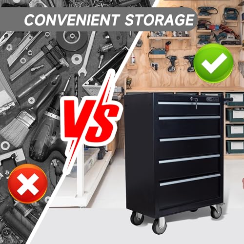 5-Drawer Rolling Tool Chest with Locking Wheels & Drawers, 13" D x 24.2" W x 34.6" H Mobile Tool Storage Cabinet, Heavy-Duty Garage Organizer w/Ergonomic Handle - color: White and Black