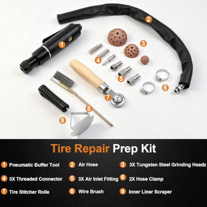 Low Speed Air Tire Buffer Kit, 2500 RPM Tire Patch Repair Tools | Tungsten Buffing Heads, Patch Roller, Inner Liner Scraper, Wire Brush, Hose & Fittings