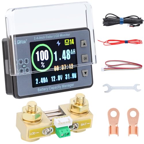 DROK Coulometer, DC 8-100V 100A Battery Monitor 12V 24V 36V 48V 60V Volt Amp Watt Meter, 2.4 inch LCD Color Screen Capacity Percentage Time Power Voltmeter Ampmeter for RV Solar Panel Battery Charge - size: 100A/Base Unspecified