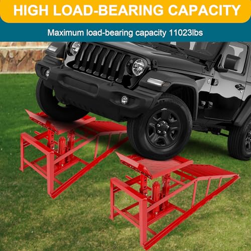 2 Pcs Hydraulic Car Ramps, 5 Ton Heavy Duty Steel Car Lift Ramps with Hydraulic Jack for Oil Changes & Truck Repair, 9" - 15" High Lift, Low Profile Vehicle Lift Service Ramps Truck Trailer（Red） - color: Red(short Style)
